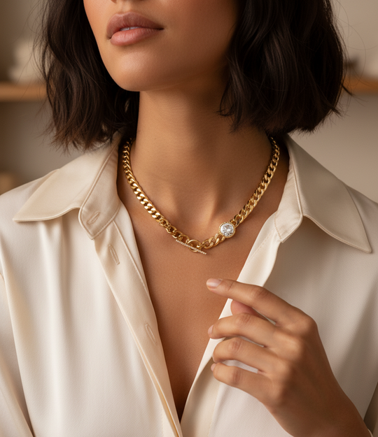 Woman wearing a gold chain necklace with a diamond pendant, close-up on neck and shoulders.