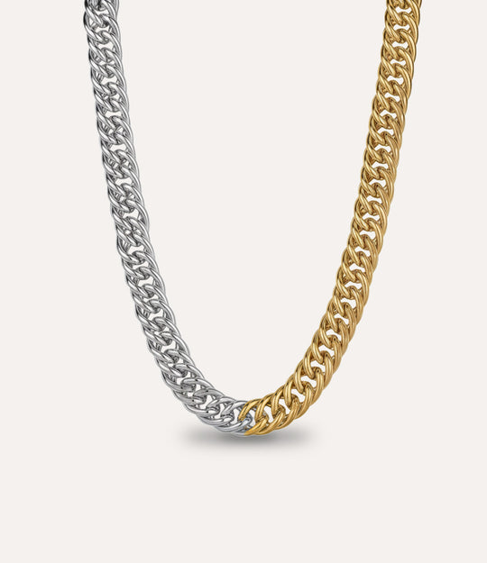 Close-up of a two-tone chain necklace featuring interlinked silver and gold Cuban links on a light background.