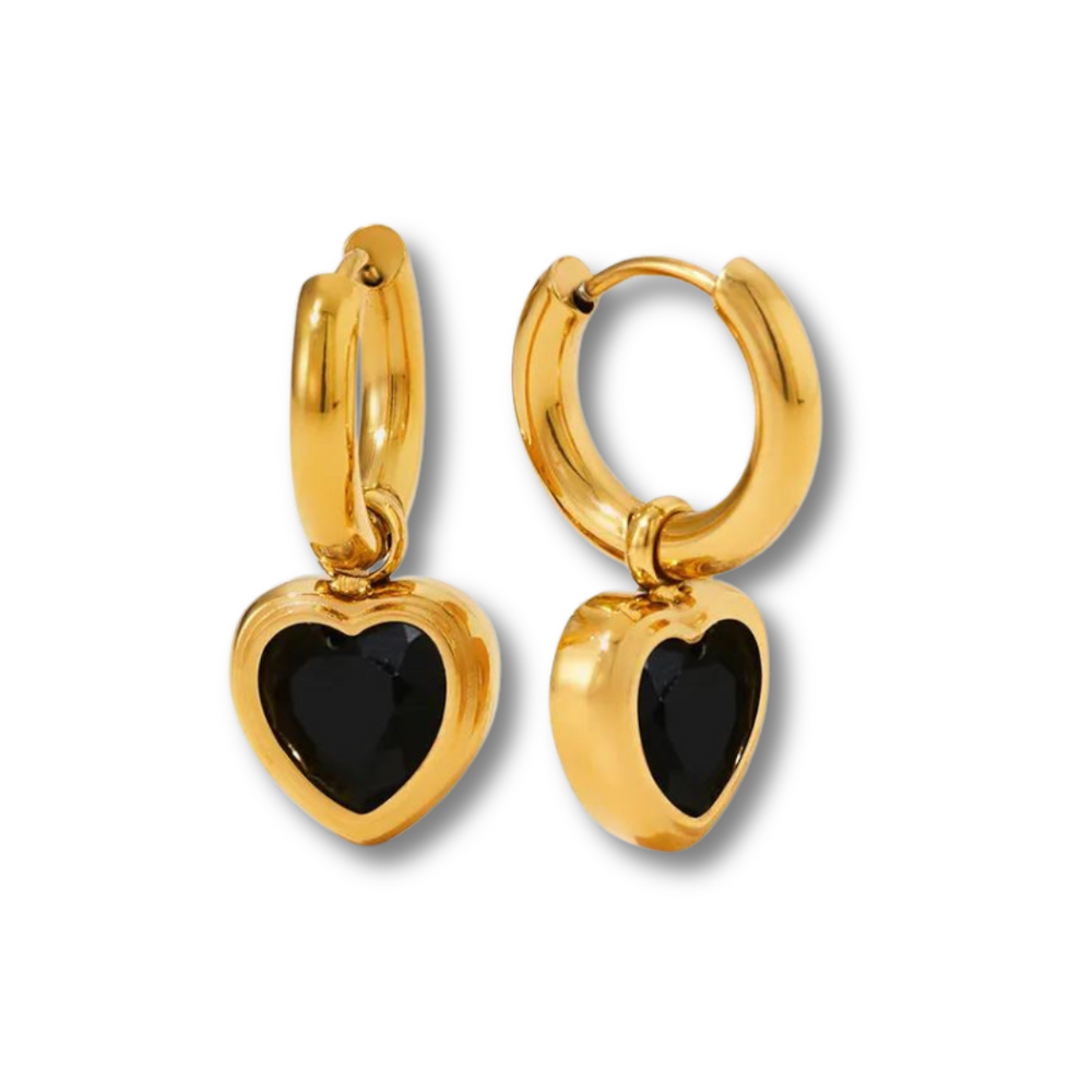 gold Solitaire Heart Hoop earrings with black detailing