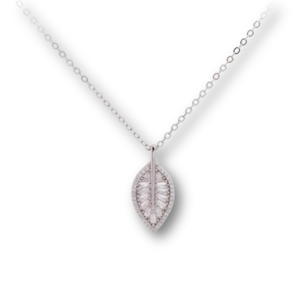 Silver diamond leaf necklace