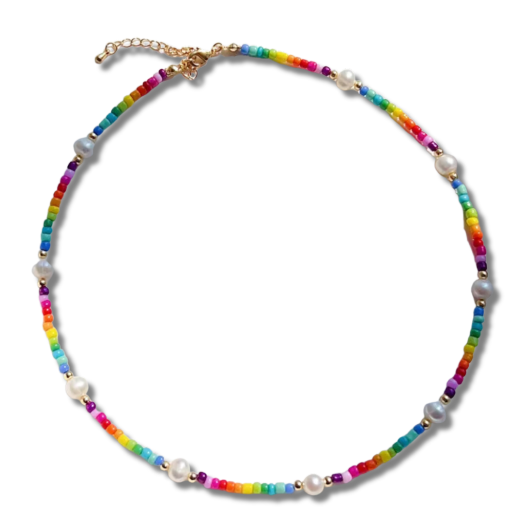 Rainbow bead and Pearl Necklace