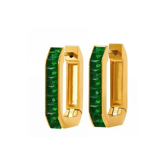 emerald and gold square hoop earrings