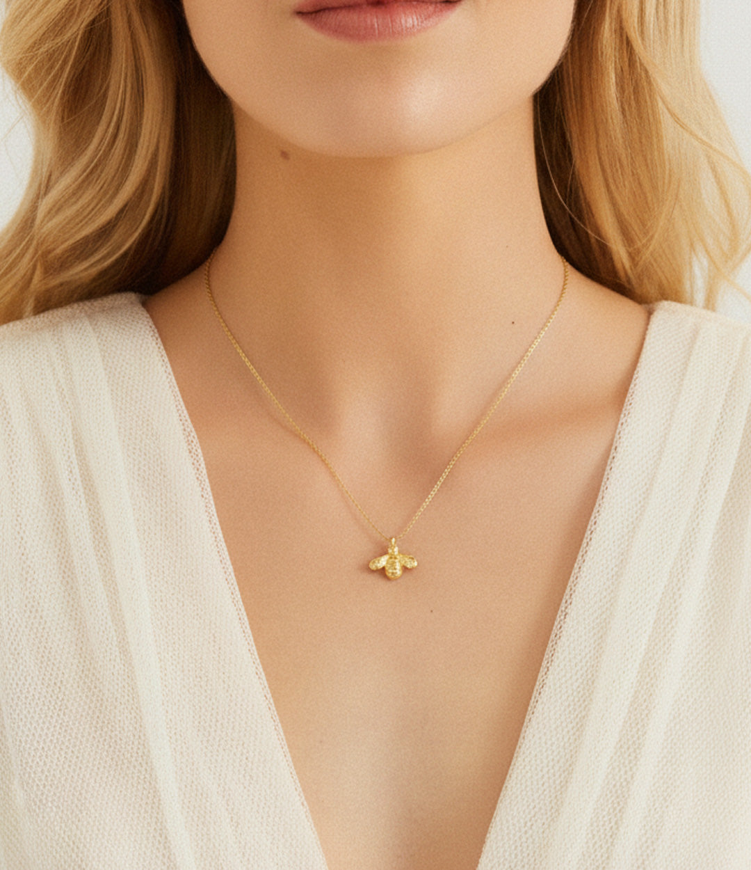Model wearing the gold Baby Bee Necklace.