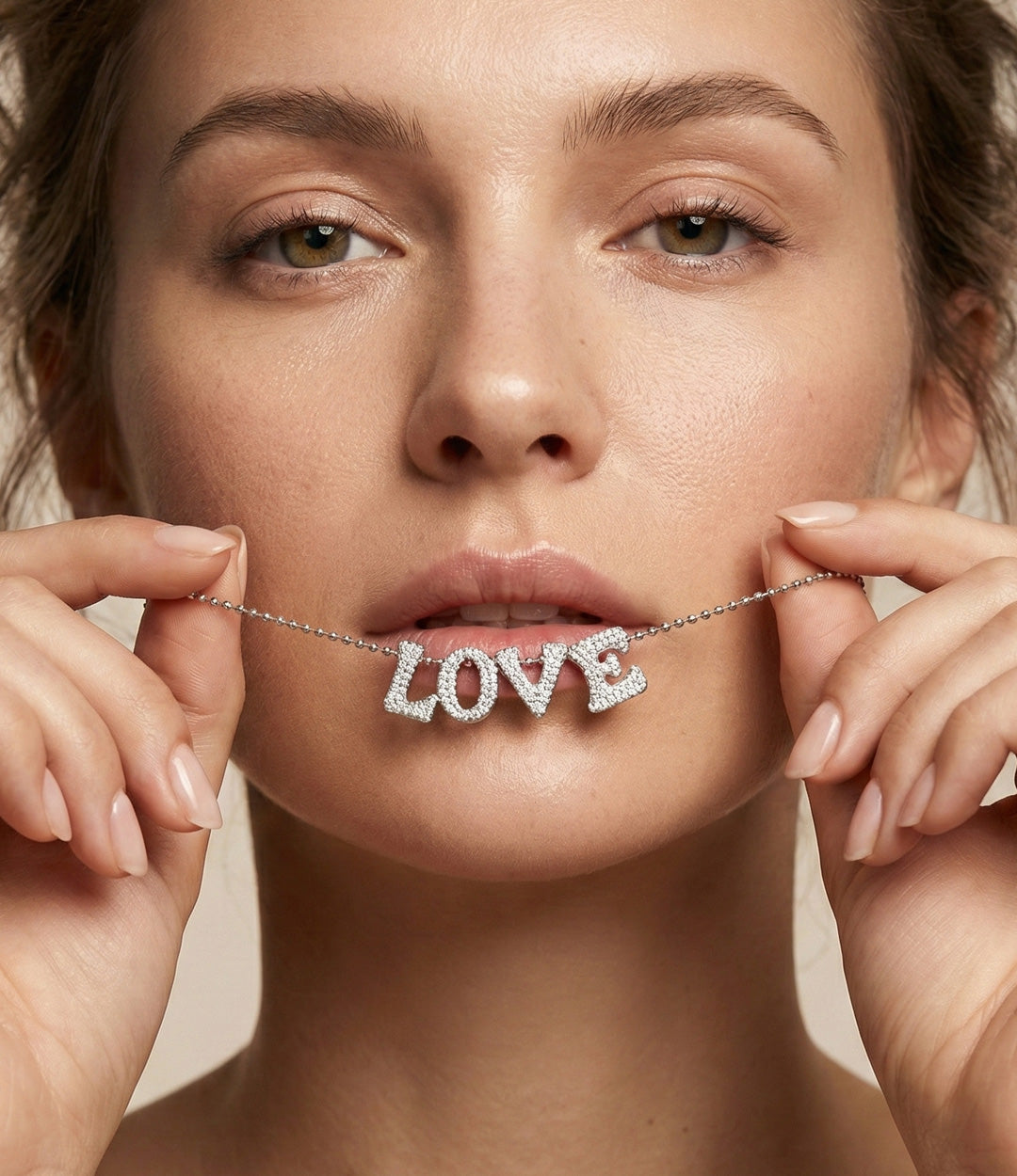 Woman holding a diamond-studded 'LOVE' necklace