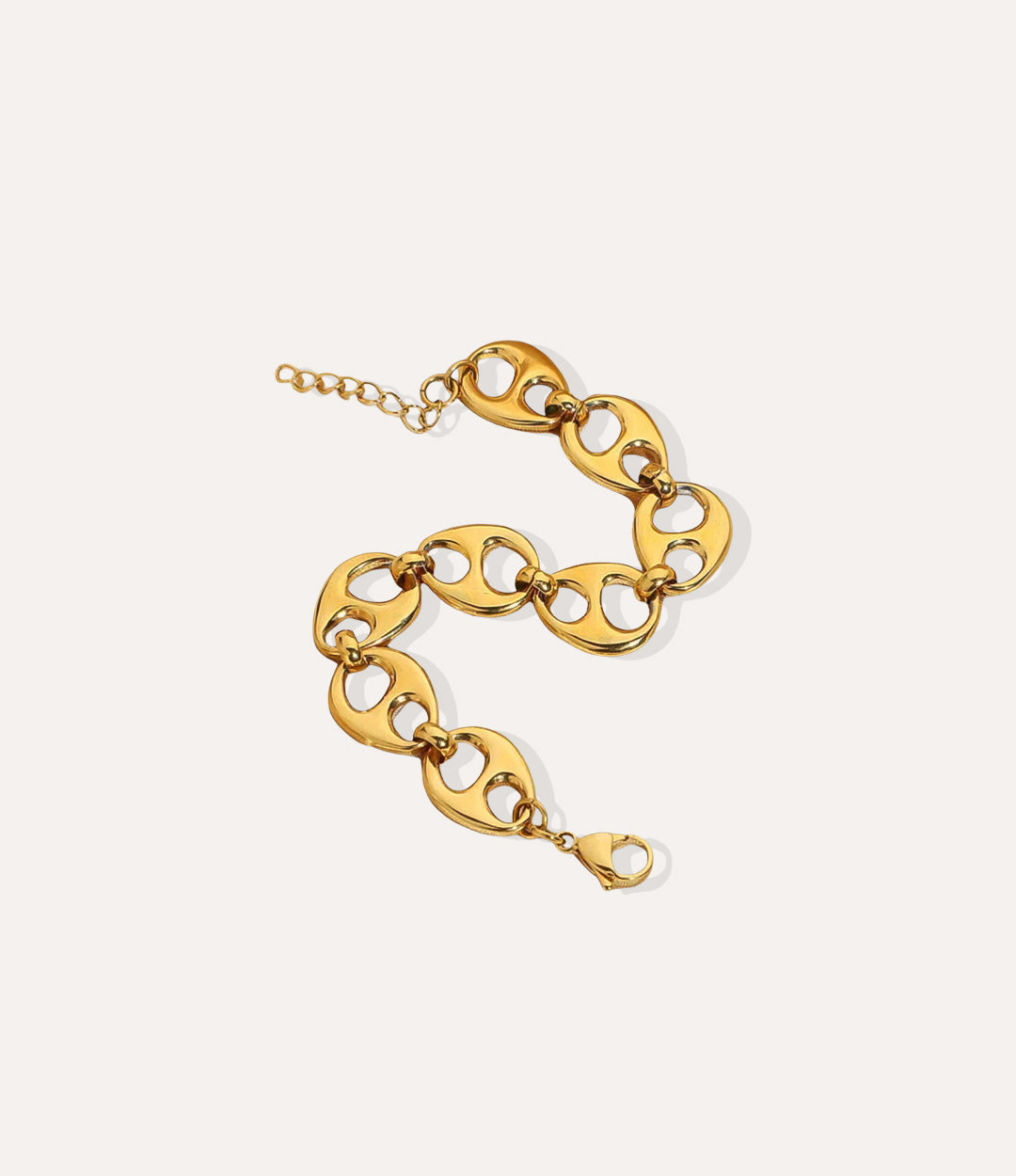 Bella Bottle Cap Link bracelet in gold, featuring chunky links and a bottle-cap style charm in a detailed product shot.