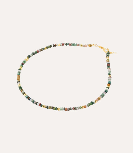 Necklace with multicoloured forest tone beads.