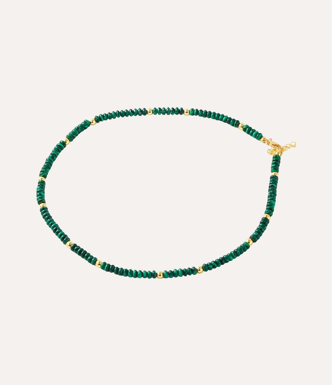 Green marble beaded necklace with gold clasp.