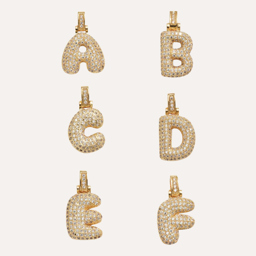 14K gold plated necklace with bubble letter charms with diamonds
