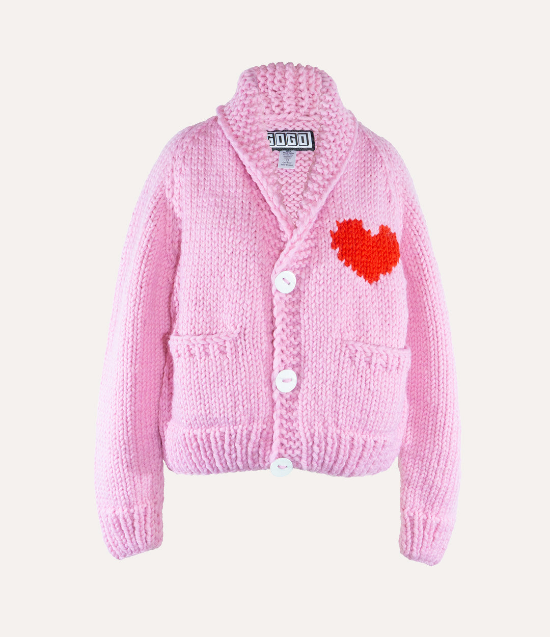 Pink cardigan with a red heart design on a white background