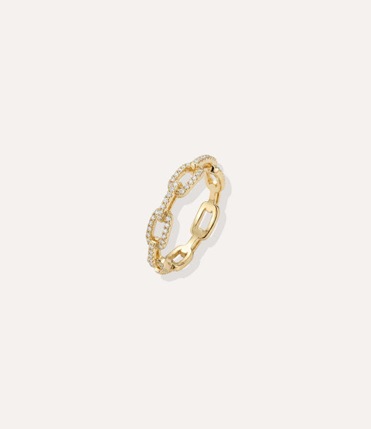 Chain Link Ring in 18k gold plated finish, featuring a continuous link design with subtle diamond accents, isolated on a white background.