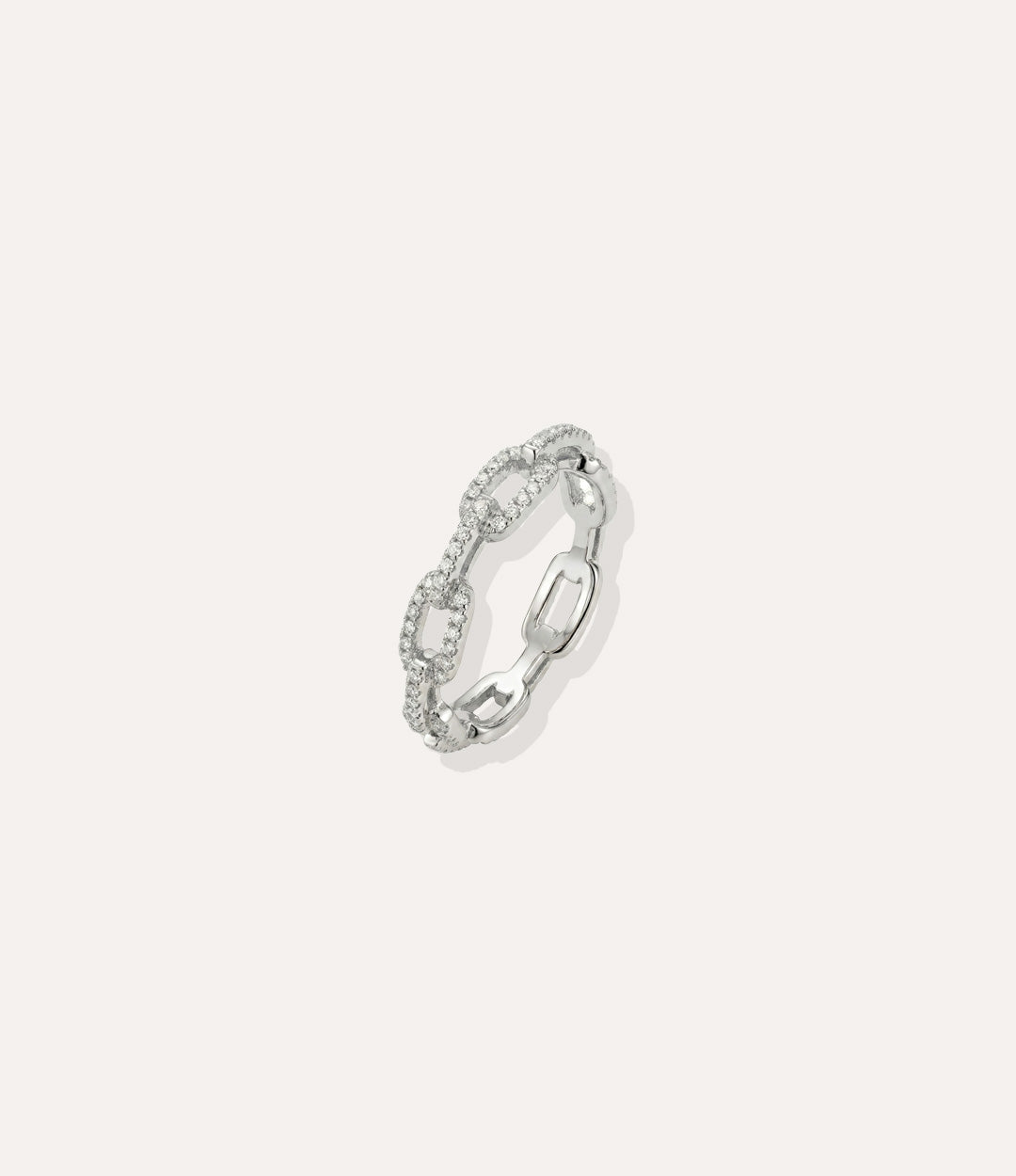 White Gold plated Chain Link Ring, highlighting the cool silver tone, sleek polished finish, and embedded diamond details.