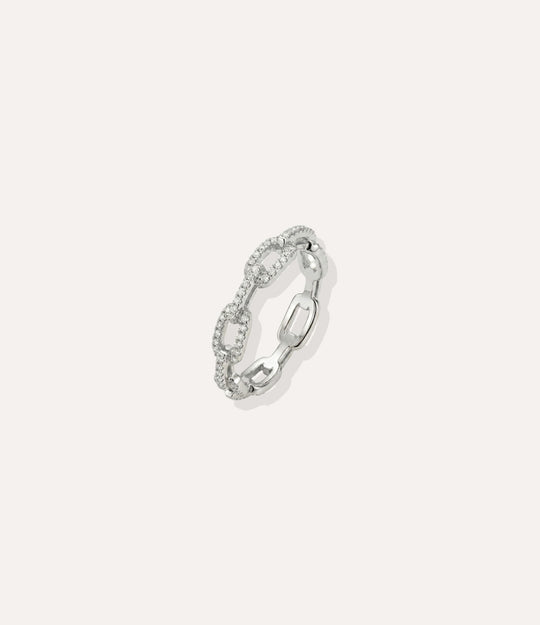 White Gold plated Chain Link Ring, highlighting the cool silver tone, sleek polished finish, and embedded diamond details.