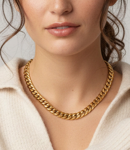 Statement chunky gold necklace styled as a bold jewelry piece for women