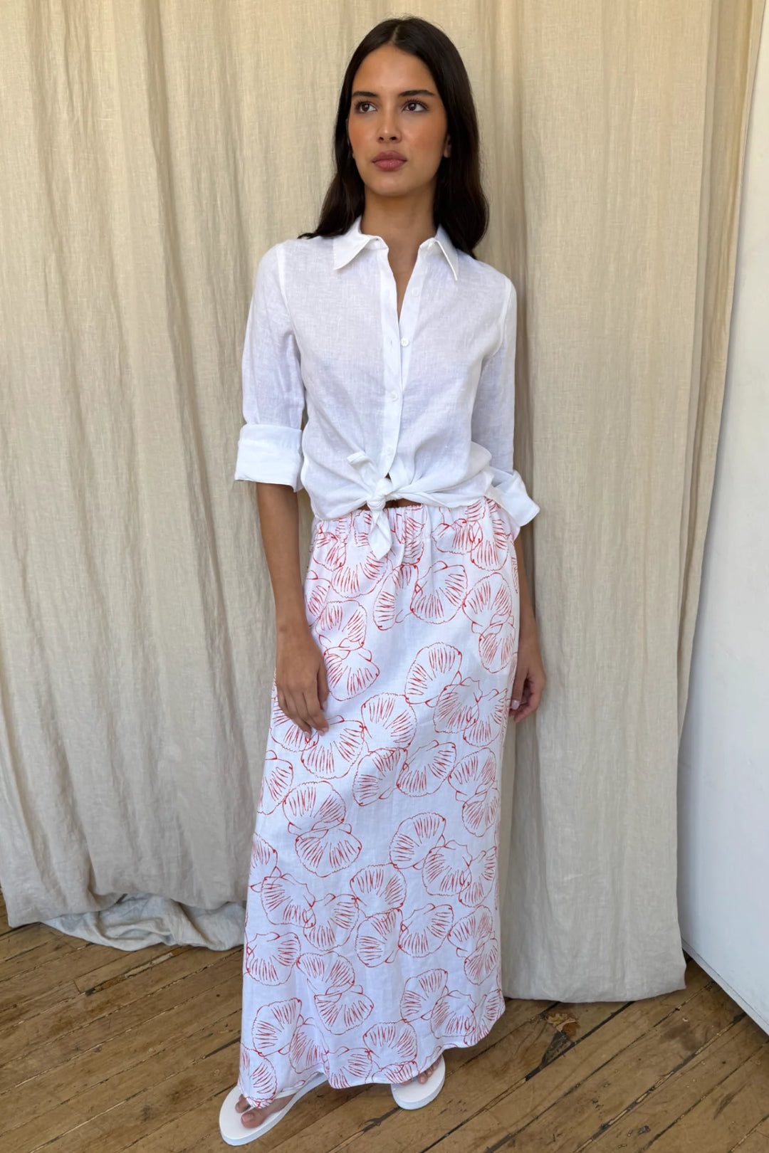Linen Maxi Skirt - White & Coral Shells