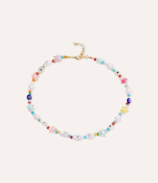 Bright beaded necklace with colourful beads, perfect for layering and everyday wear
