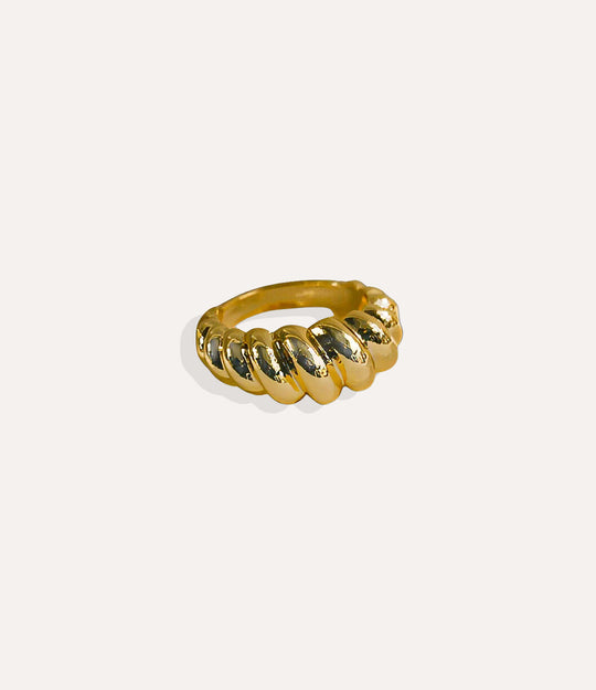 Croissant Ring in 14k gold plated finish, featuring a twisted rope-style dome design isolated on a white background.