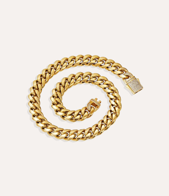 16-inch Cuban Diamond Clasp Necklace in 14K gold plating with crystal clasp displayed on a neutral background