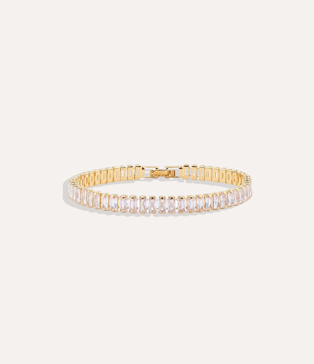 Dazzle Tennis Bracelet with white sparkling stones in a sleek design displayed on a neutral background.