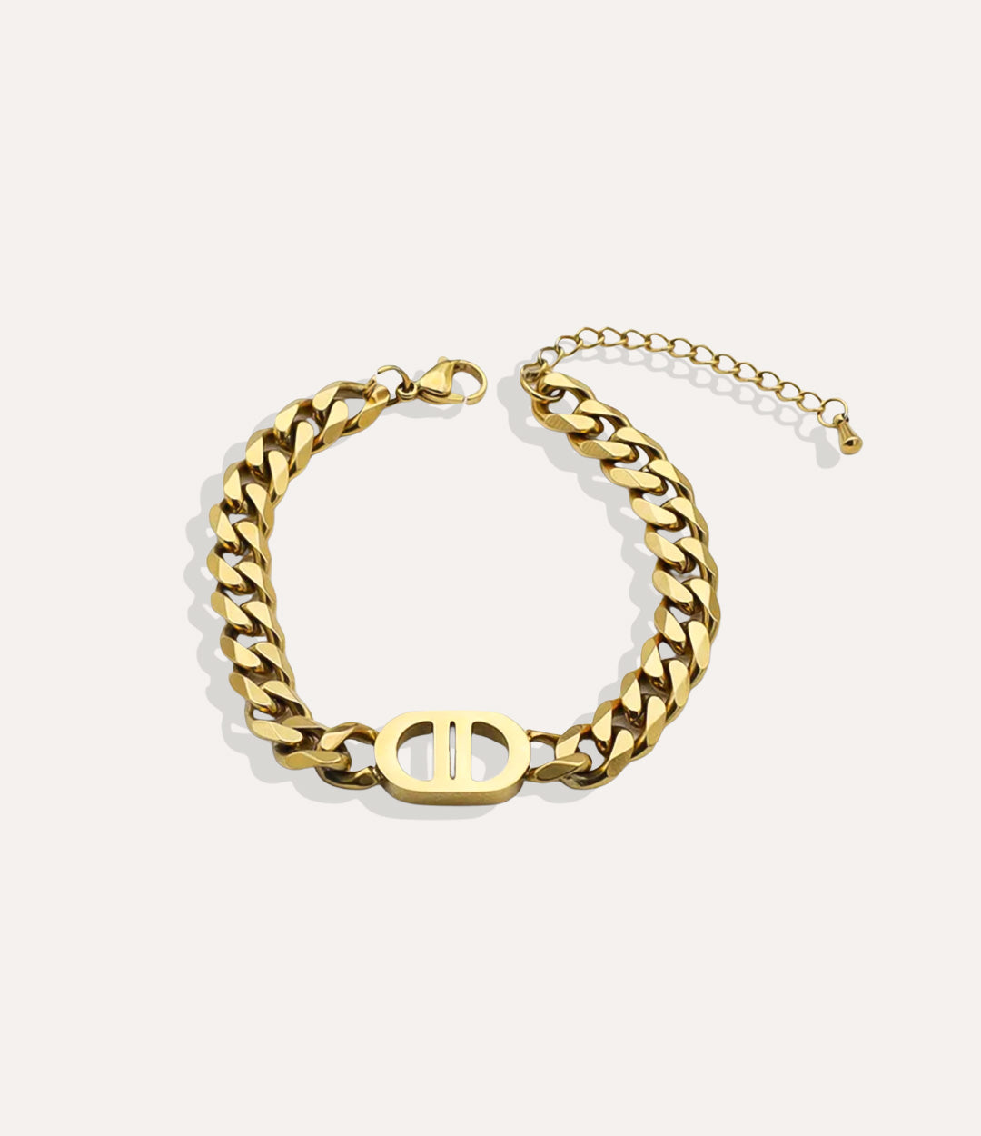 Dhalia Chain Bracelet in gold, highlighting the 14k gold-plated finish and signature D-shaped centerpiece.