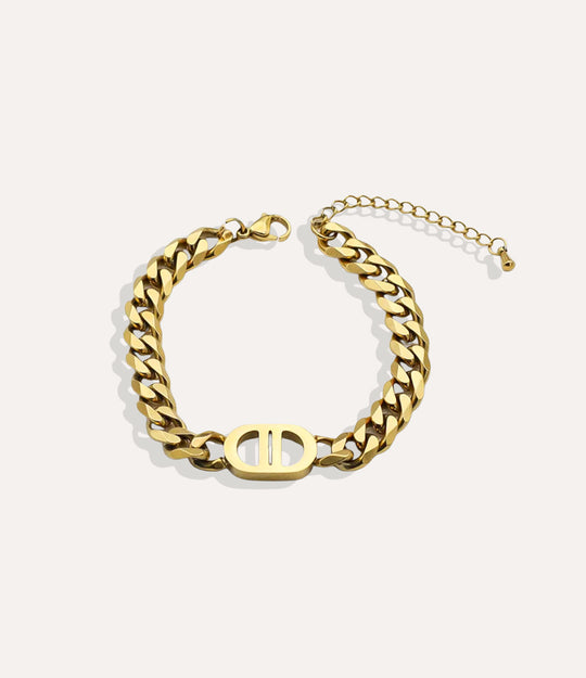 Dhalia Chain Bracelet in gold, highlighting the 14k gold-plated finish and signature D-shaped centerpiece.