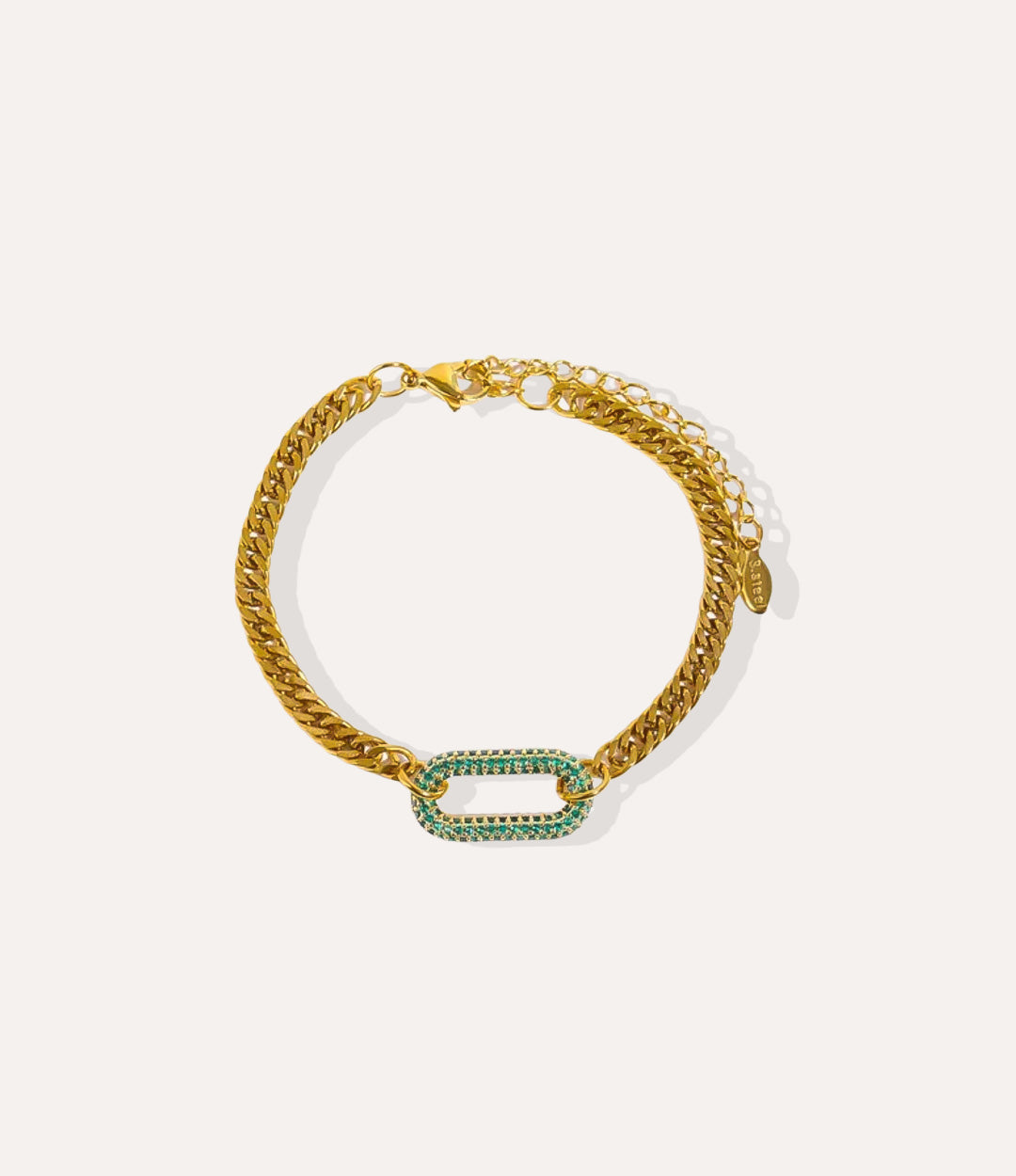 Diamond Carabiner Bracelet in gold featuring a sparkling green diamond-accented carabiner clasp and polished gold chain