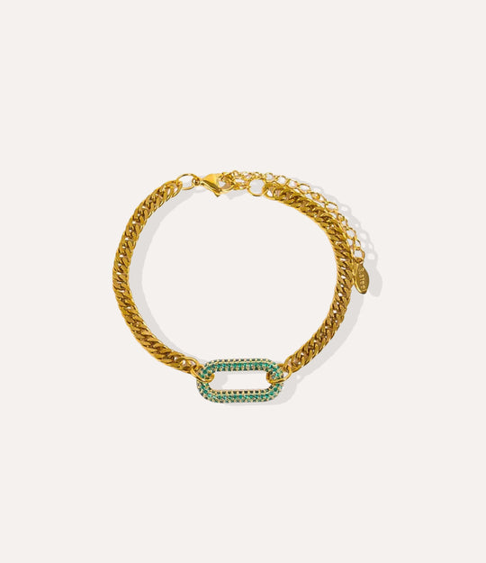 Diamond Carabiner Bracelet in gold featuring a sparkling green diamond-accented carabiner clasp and polished gold chain