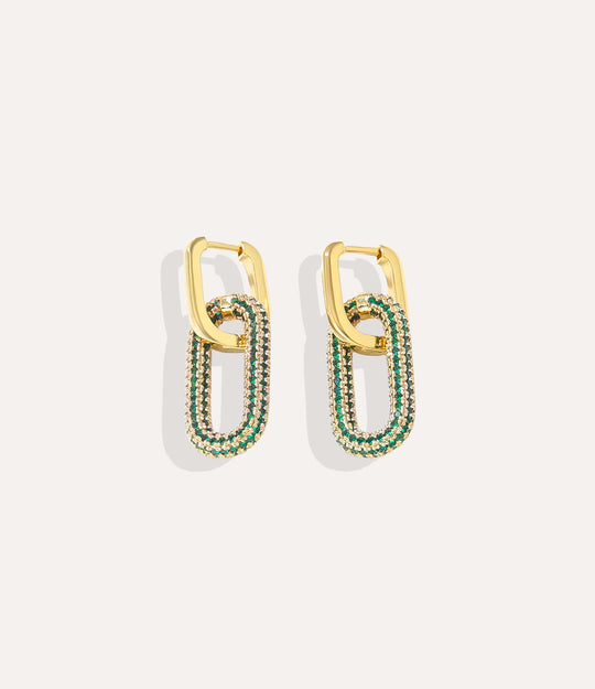 Product shot of the Diamond Carabiner Earrings in 14k gold plating displaying the separate rectangular hoops and ornate green diamond carabiner charms on a white background.