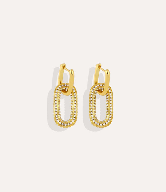 Product shot of the Diamond Carabiner Earrings in 14k gold plating displaying the separate rectangular hoops and ornate white diamond carabiner charms on a white background.