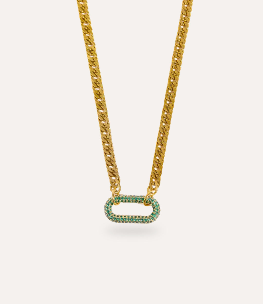 Gold chain necklace with a rectangular pendant on a white background