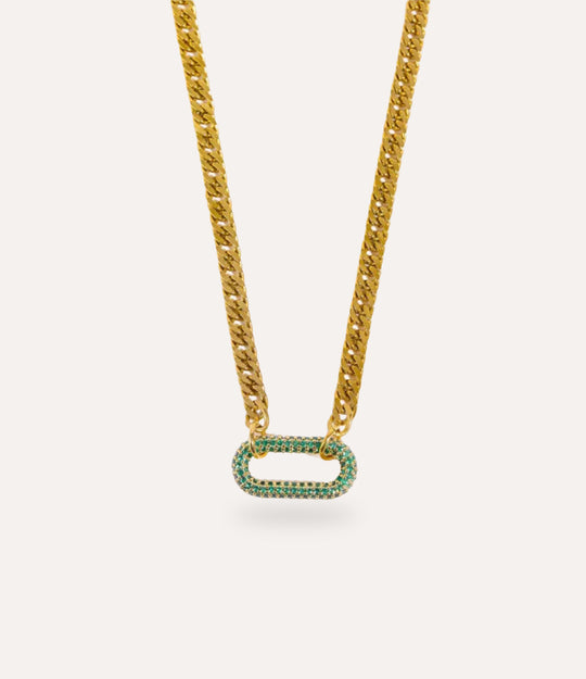 Gold chain necklace with a rectangular pendant on a white background