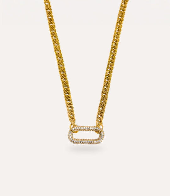 Diamond Carabiner Necklace featuring pavé crystal carabiner pendant on gold chain