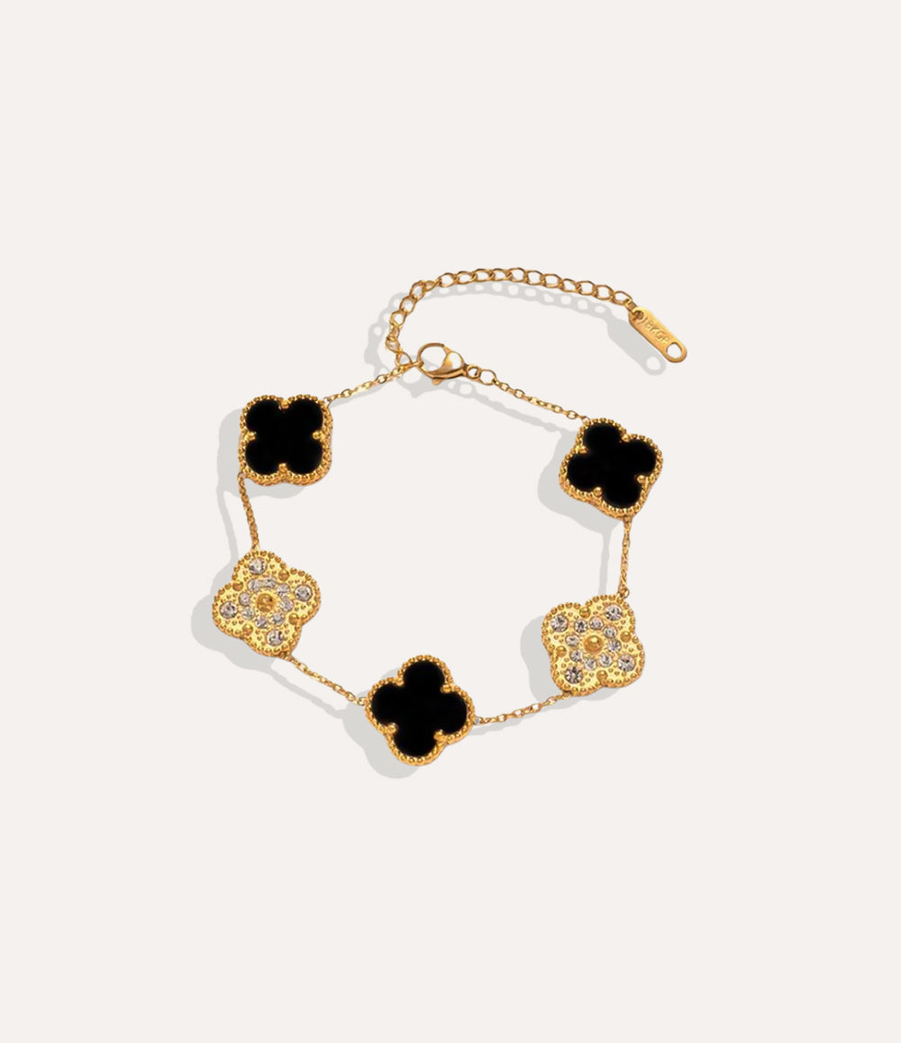 Black Diamond Clover Bracelet with 18k gold plating displayed on a neutral background.
