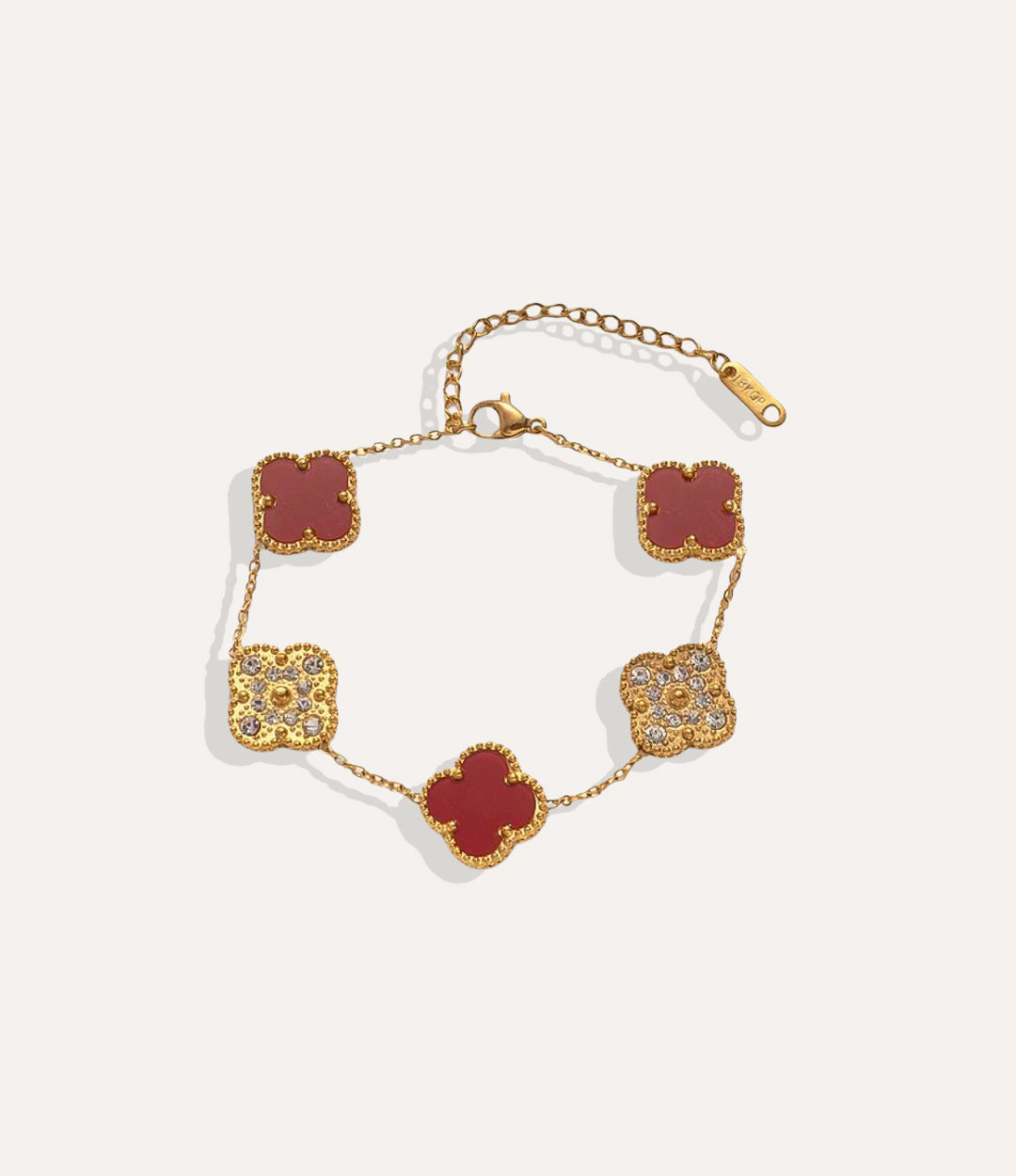 Burgundy Diamond Clover Bracelet with 18k gold plating displayed on a neutral background.