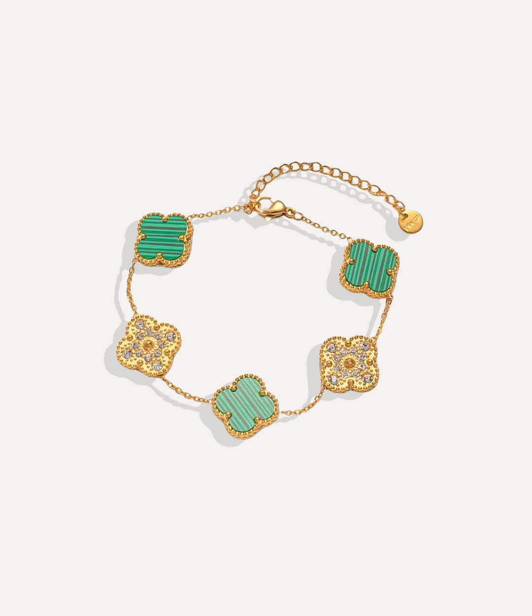 Green Diamond Clover Bracelet with 18k gold plating displayed on a neutral background.
