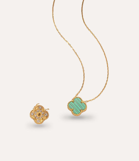 18k gold plated Diamond Clover Necklace with a green pendant.