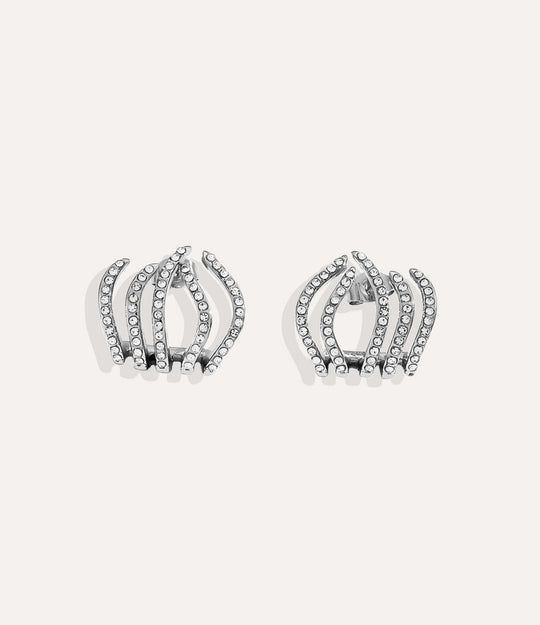 Close up of the Diamond Flame Earring in silver showing the bold flame design and shimmering diamond accents.