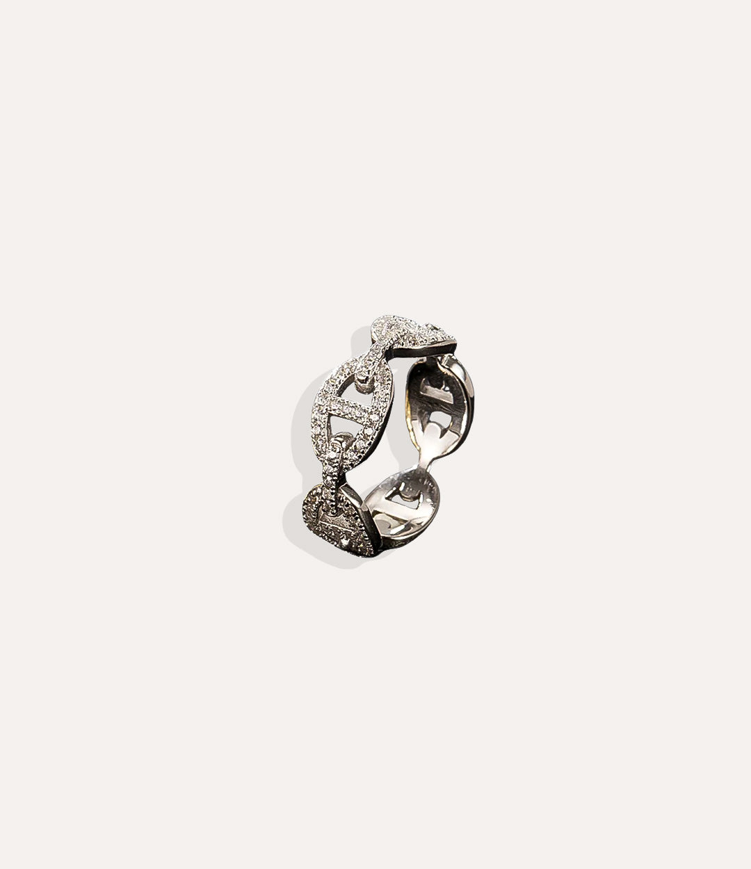 Sterling Silver Diamond Link Ring, displaying the cool silver tone, edgy link structure, and embedded diamond details.