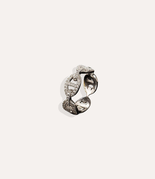 Sterling Silver Diamond Link Ring, displaying the cool silver tone, edgy link structure, and embedded diamond details.