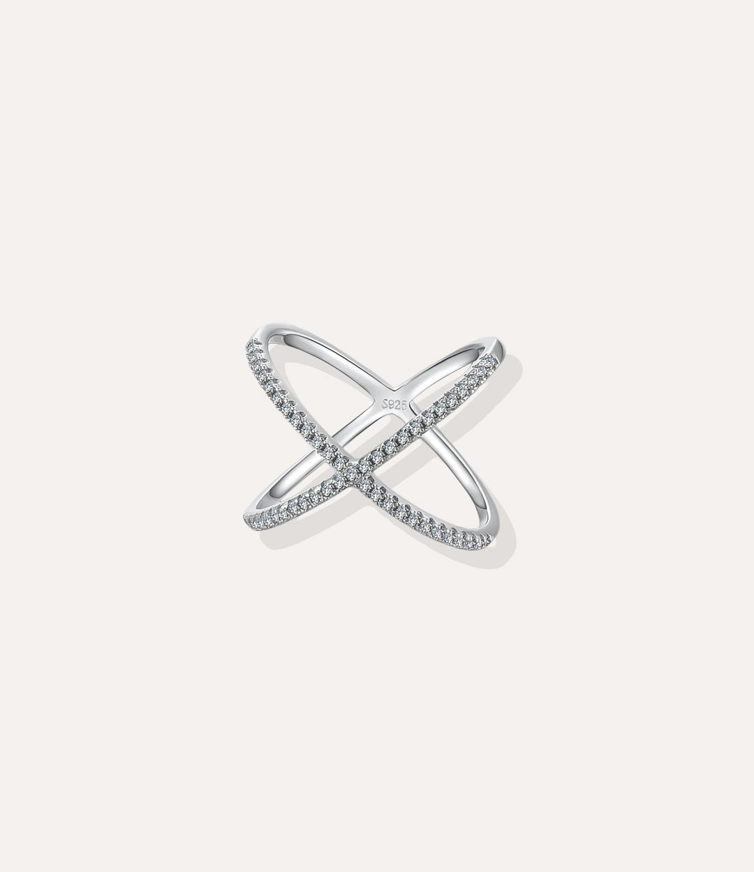 Diamond X Ring in white gold finish, featuring a sleek intersecting X shape adorned with diamonds, isolated on a white background.