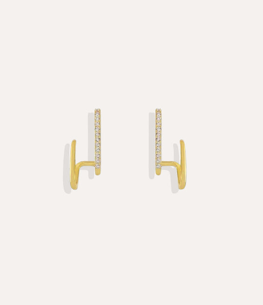 Close up of the Double Diamond Hoop earrings in gold highlighting the double-hoop effect and diamond detailing
