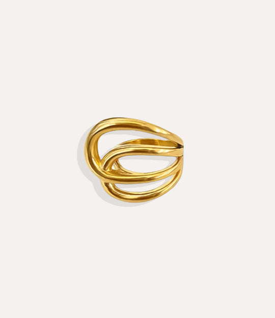 Double Loop Ring in 18k gold plated finish, featuring a thick intertwining design made of durable stainless steel, isolated on a white background.
