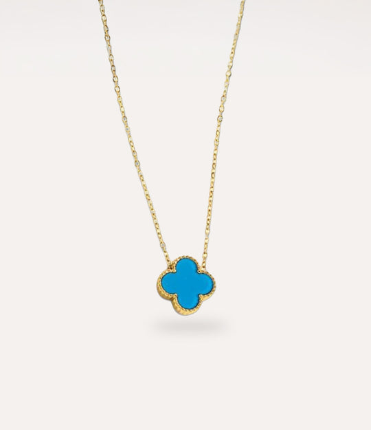 Double Sided Blue Clover Necklace in gold plating displayed on a clean neutral background