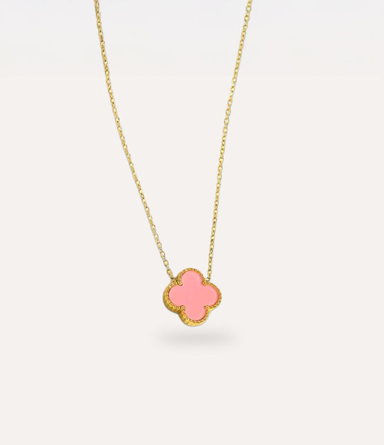Double Sided Pink Clover Necklace in gold plating displayed on a clean neutral background