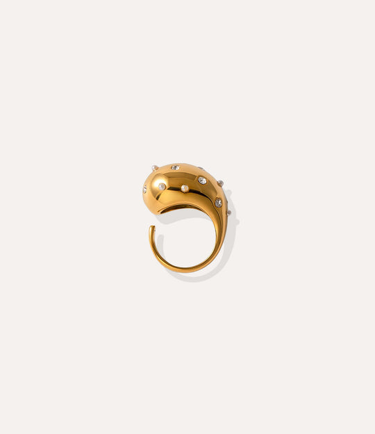 Drop Ring in 14k gold plated finish, featuring an adjustable band adorned with pearls and crystal stones, isolated on a white background.
