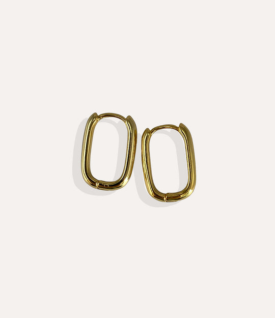 Product shot of the medium Emma Vertical Hoops in 14k gold plating displaying the sleek vertical lines and high shine finish on a white background.
