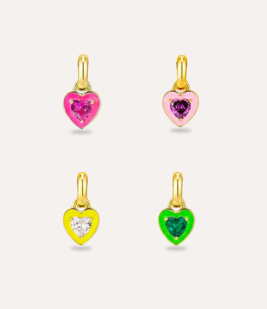 Colorful Enamel Heart Necklace charms displayed on a soft neutral background.