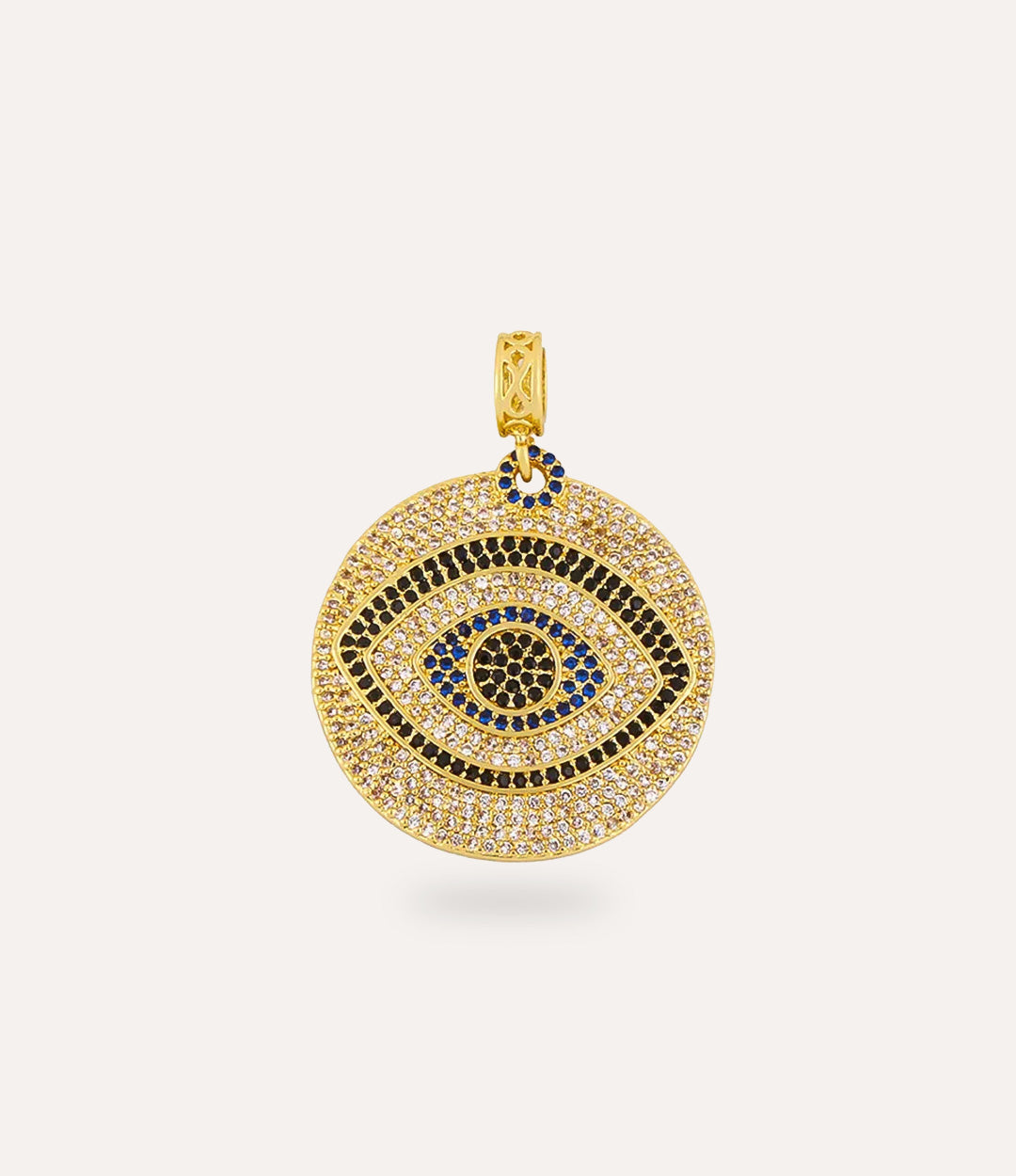 Gold pendant with evil eye design on a white background