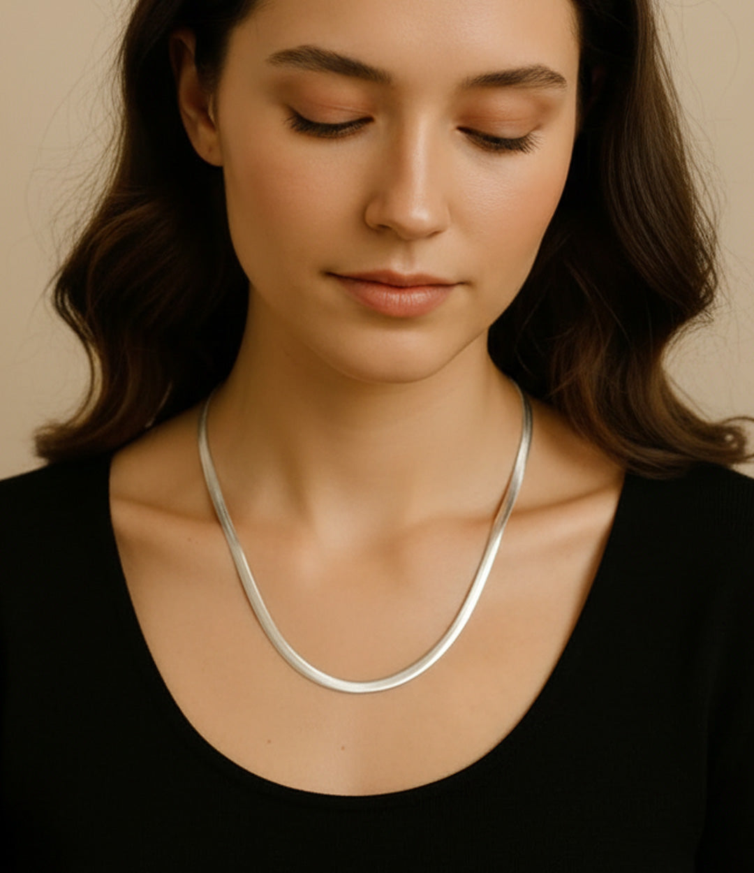 Flat Snake Chain Necklace, a sleek gold or silver unisex design plated with 14K gold.