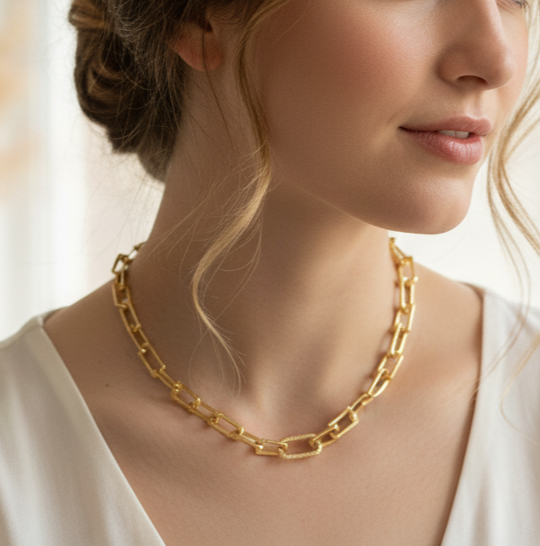 Woman wearing a gold chain necklace with a blurred background. Skye Flowers