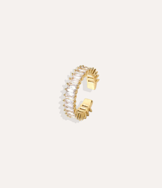 Glitz and Glam Ring Stack in 14k gold plated stainless steel, featuring a sparkling multi-ring design with rectangle stones isolated on a white background.